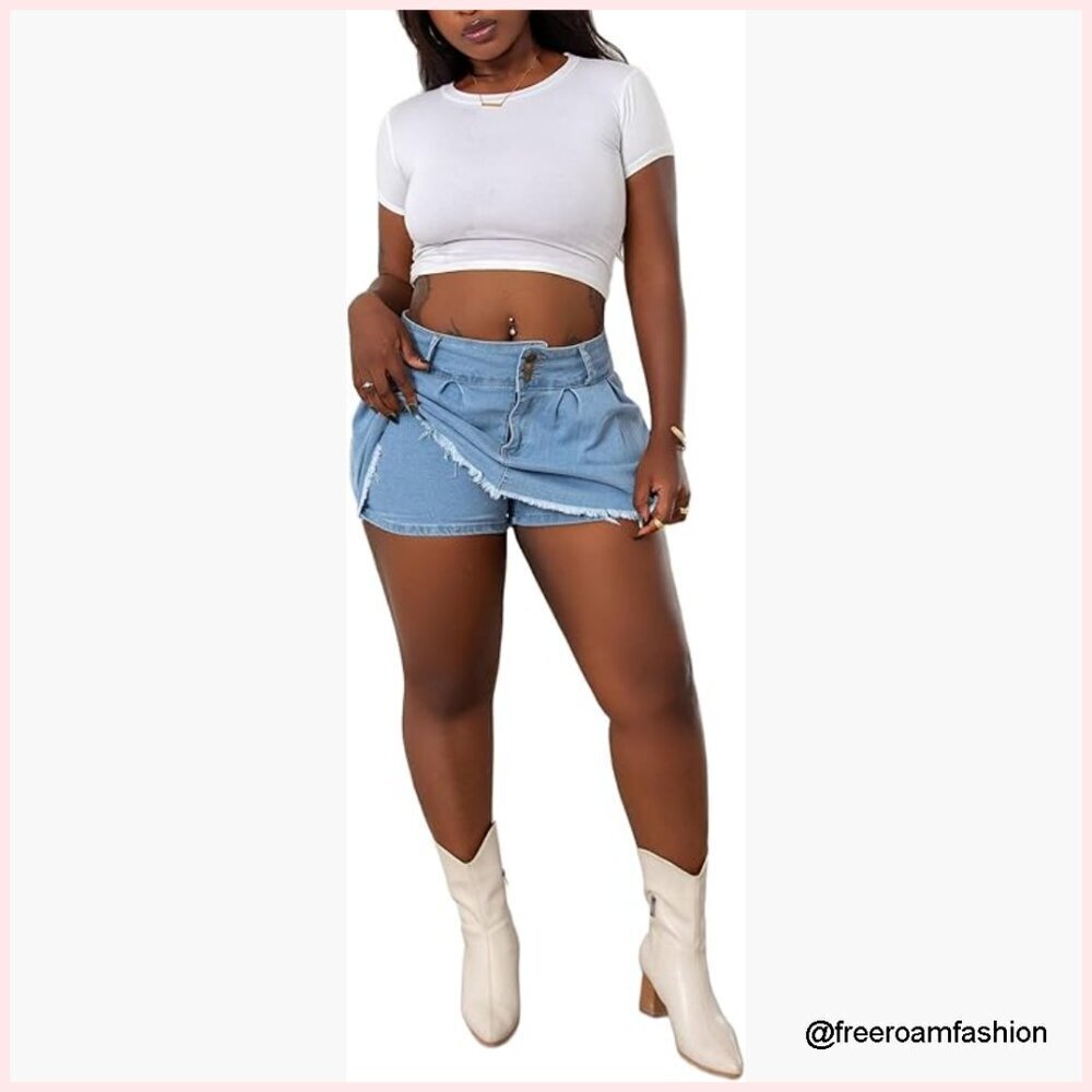 High Waist Denim Skort Pleated Cargo Shorts Plus Size Women's